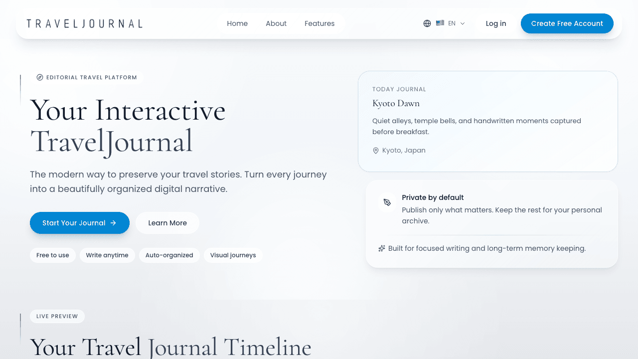 Screenshot da homepage do projeto TravelJournal