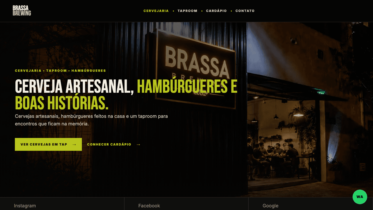 Screenshot da homepage do projeto BRASSA BREWING